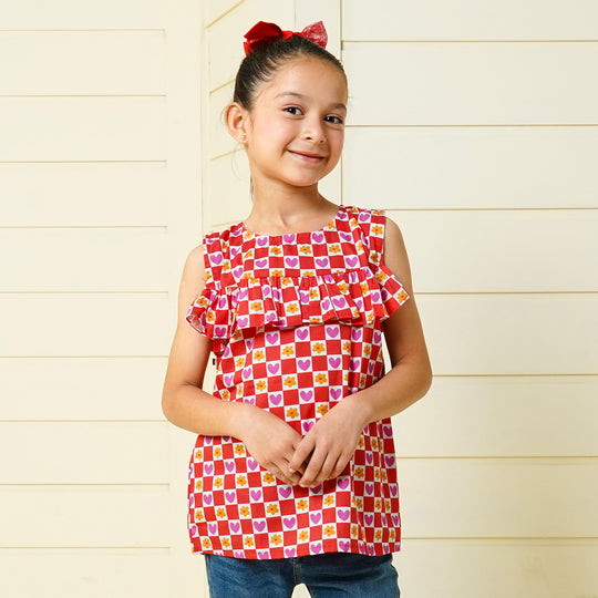 Girls Cotton Casual Top - Red