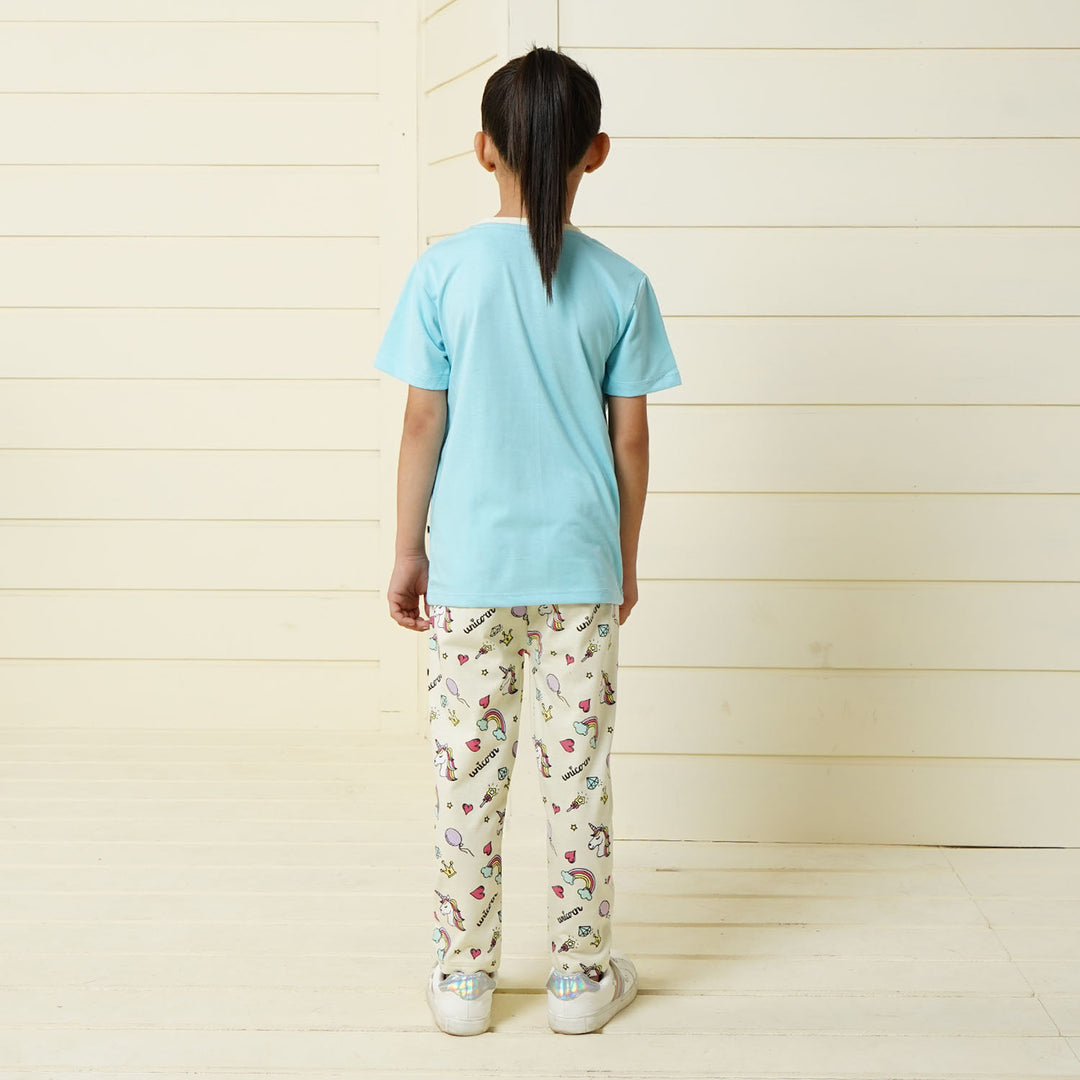 Girls Knitted Night Suit I Am - Sky Blue/Off White