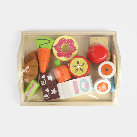 Wooden Breakfast &amp; Cutting Food Tray Playset