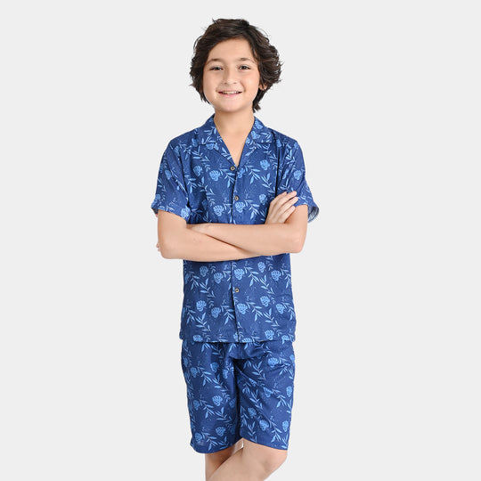 Boys Viscose Woven Suit Palm Leafs-Blue