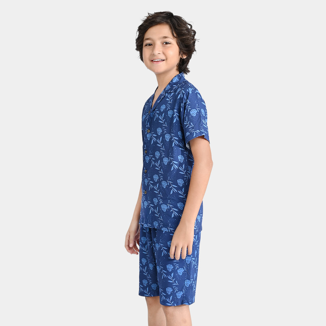 Boys Viscose Woven Suit Palm Leafs-Blue