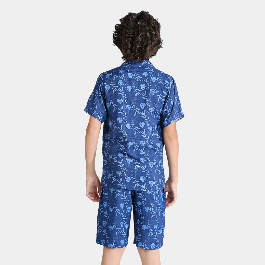 Boys Viscose Woven Suit Palm Leafs-Blue