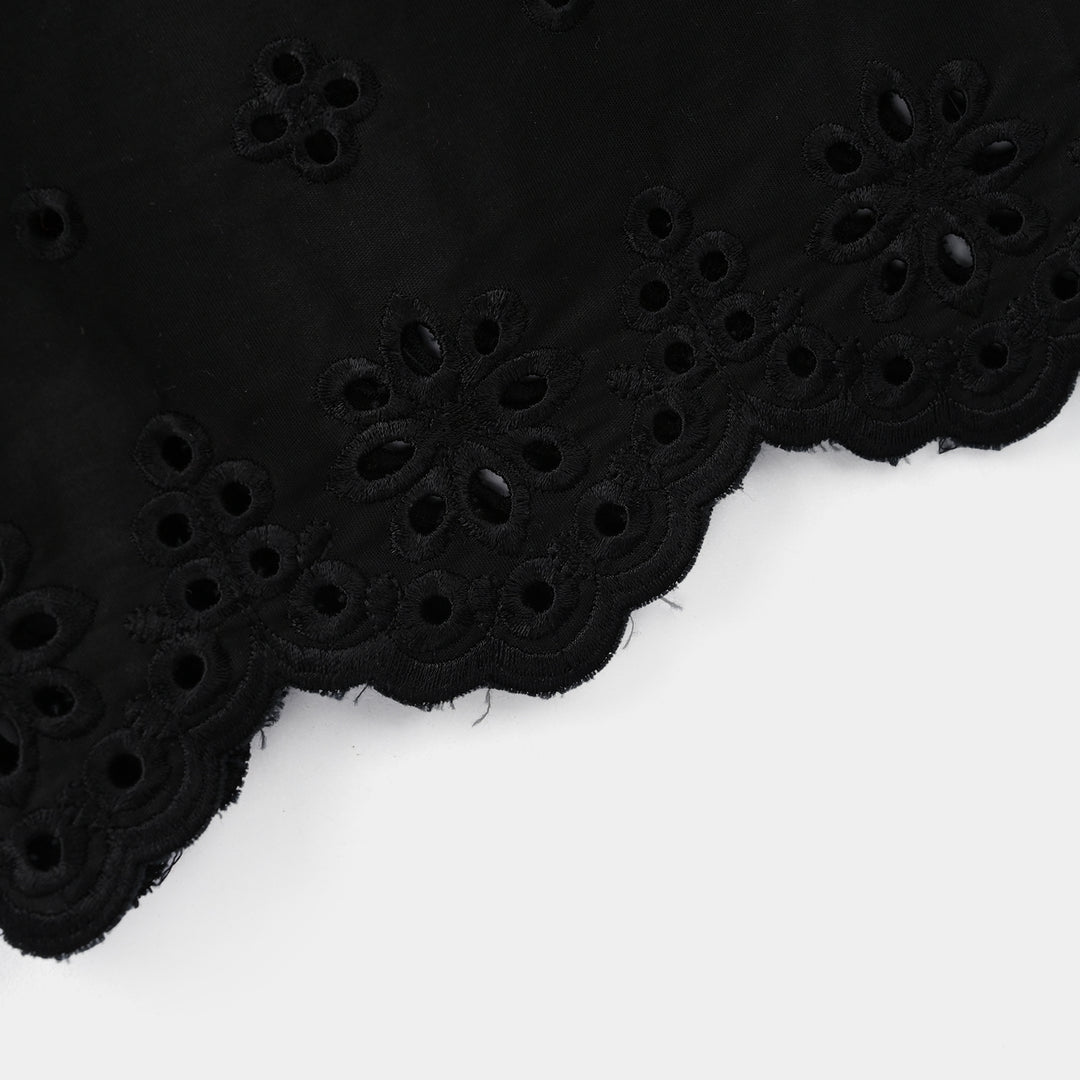 Girls Cotton Embroidered Pant Floral - Black