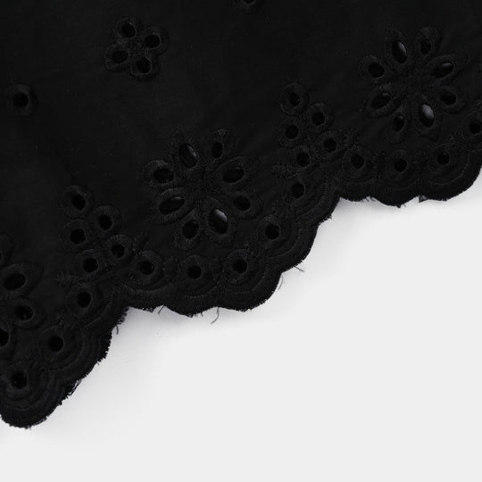 Girls Cotton Embroidered Pant Floral - Black
