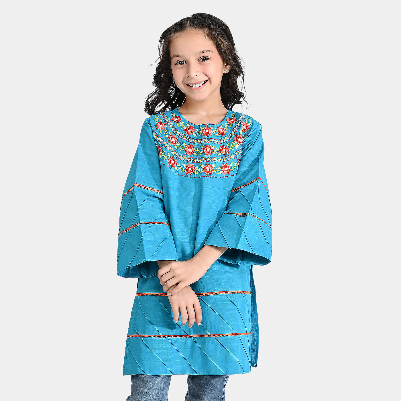 Girls Cotton Slub Embroidered Long Kurti Jashan-Turquoise