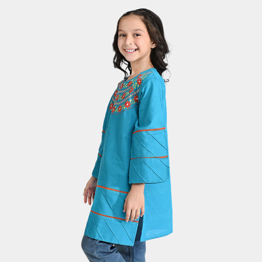 Girls Cotton Slub Embroidered Long Kurti Jashan-Turquoise