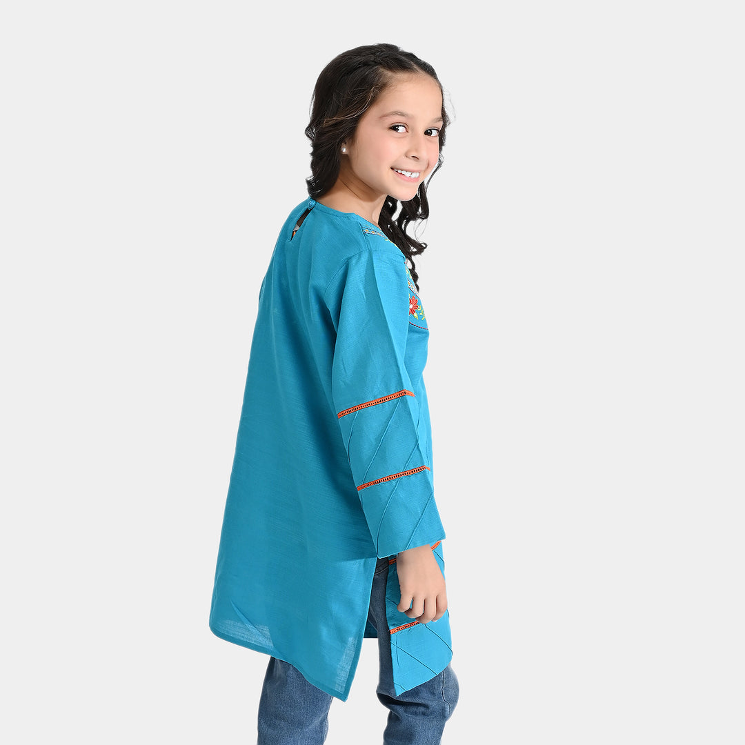 Girls Cotton Slub Embroidered Long Kurti Jashan-Turquoise