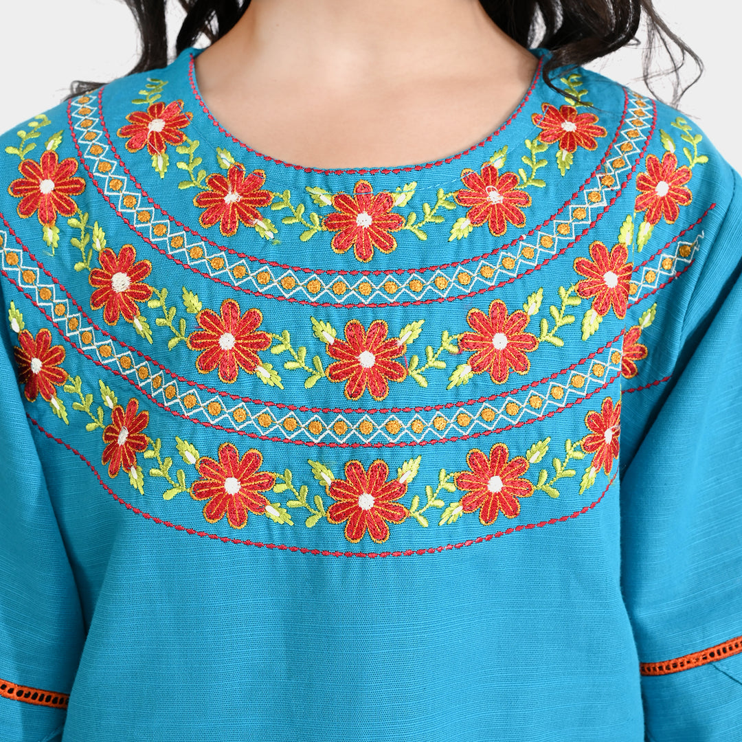 Girls Cotton Slub Embroidered Long Kurti Jashan-Turquoise