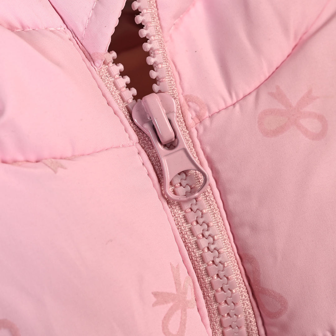 Girls Polyester Quilted Jacket Bow Repeat-PINK