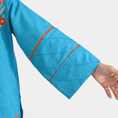 Girls Cotton Slub Embroidered Long Kurti Jashan-Turquoise