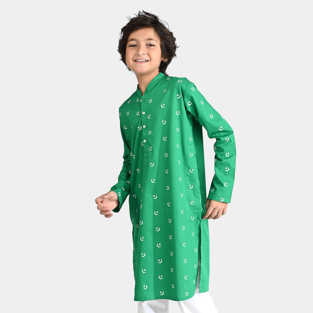 Boys Cotton Poplin Printed Kurta (Chand Sitara)-Green