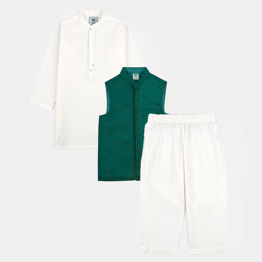 Boys Cotton Poplin 3Piece Suit (Chand Sitara)-GREEN