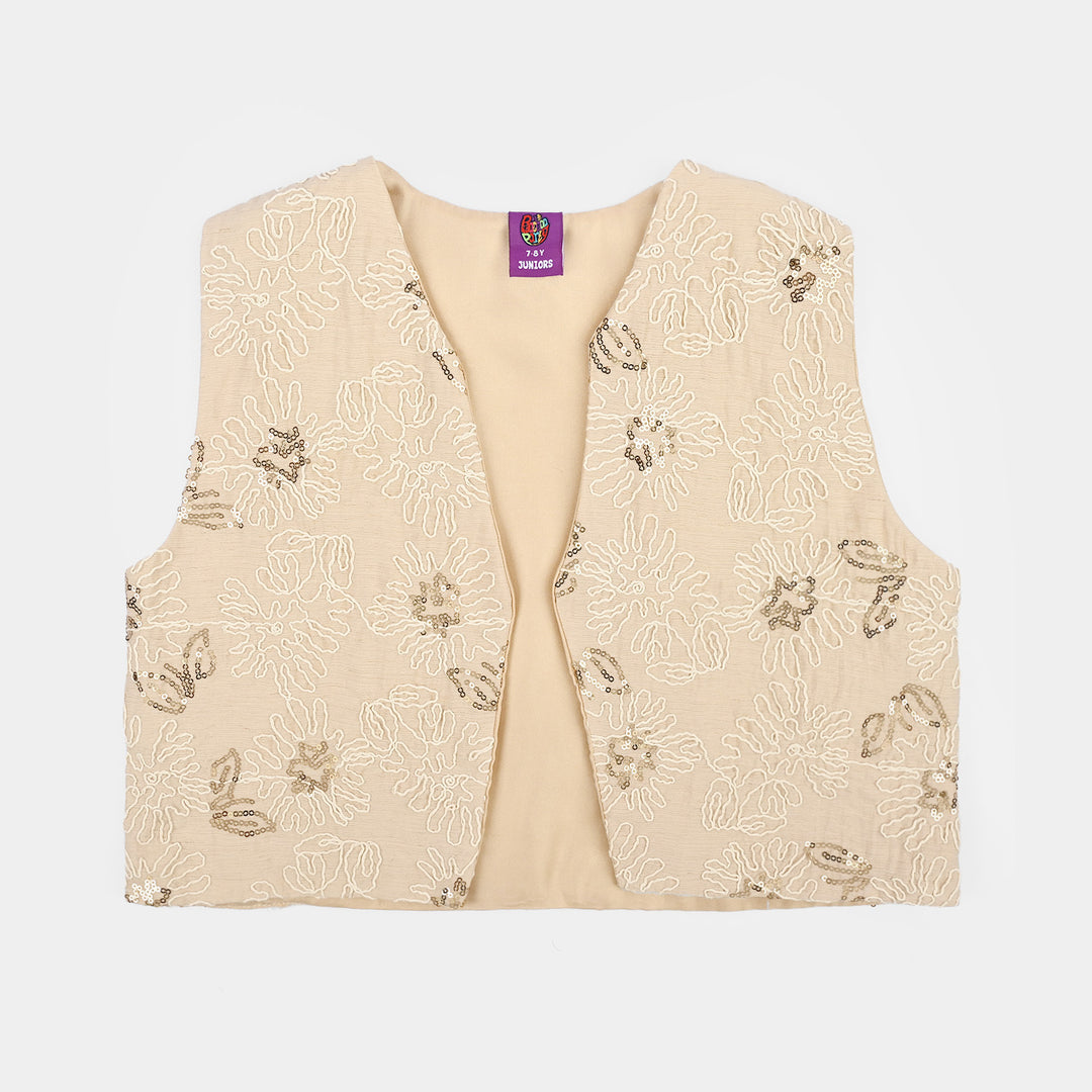 Girls Polyester Waist Coat Goldy-BEIGE