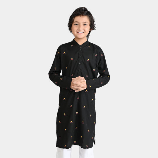 Boys Cotton Poplin Embroidered Kurta-BLACK