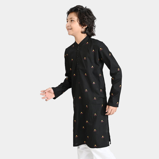 Boys Cotton Poplin Embroidered Kurta-BLACK