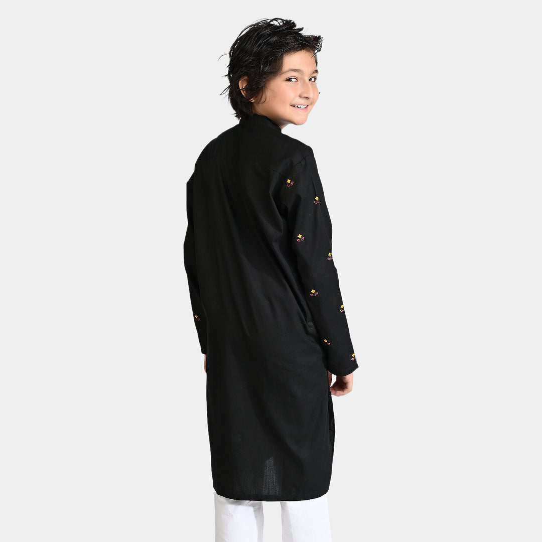 Boys Cotton Poplin Embroidered Kurta-BLACK