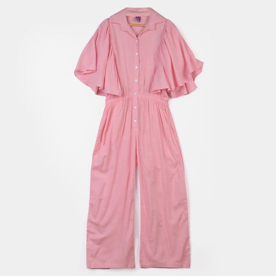 Girls Poly Cotton Jumpsuit Jacquard Hearts-Pink