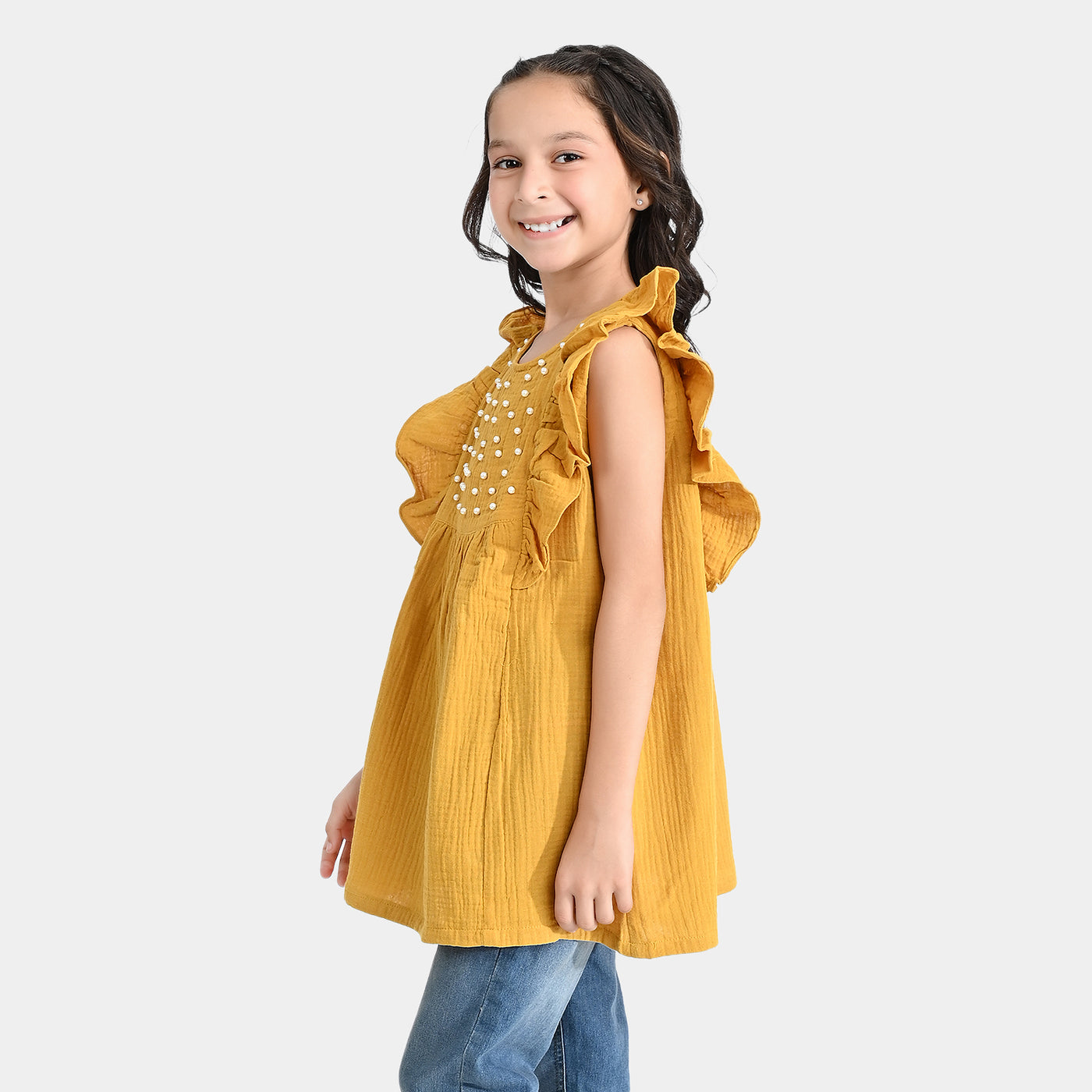 Girls Cotton Casual Frock Yellow Pearls-Mustard