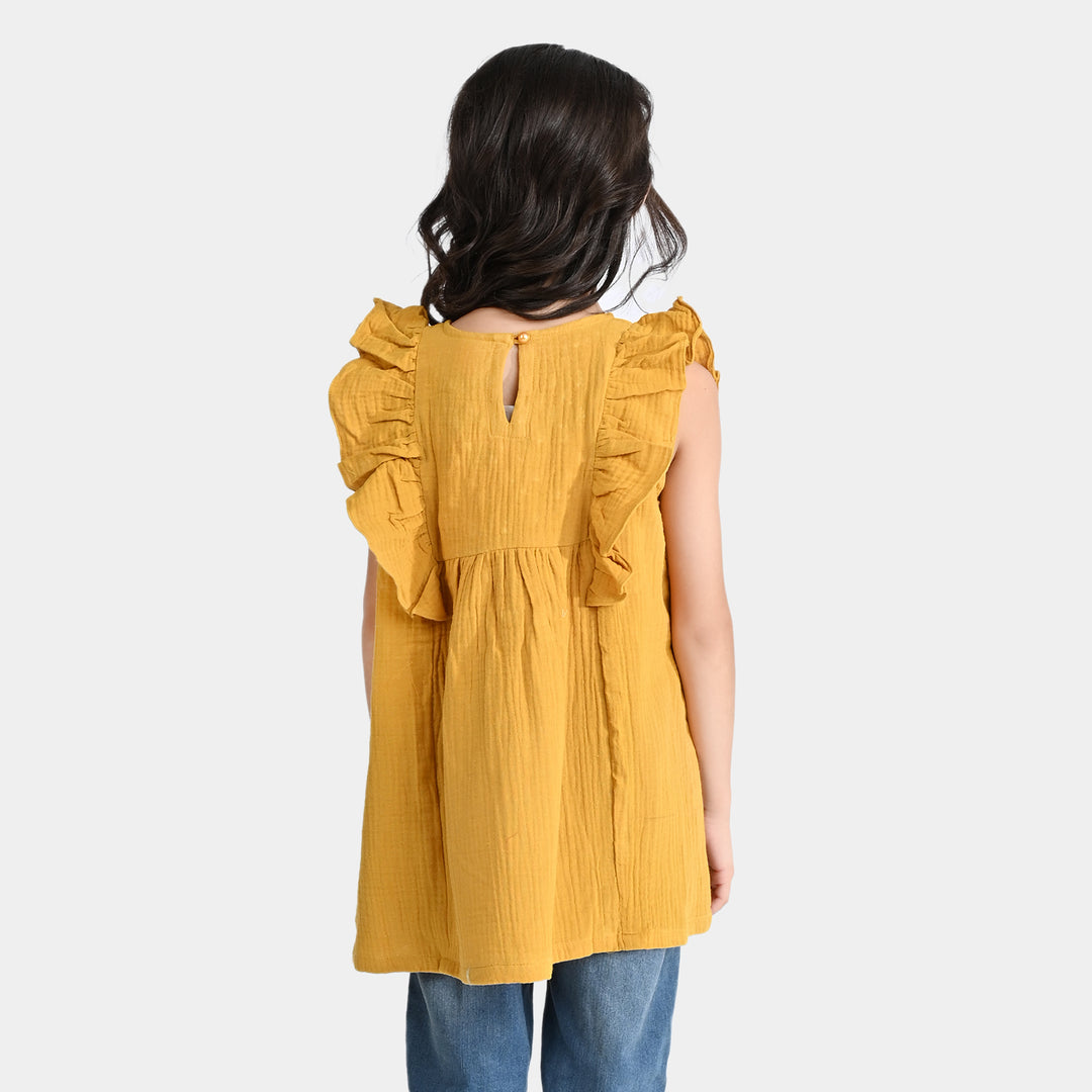 Girls Cotton Casual Frock Yellow Pearls-Mustard