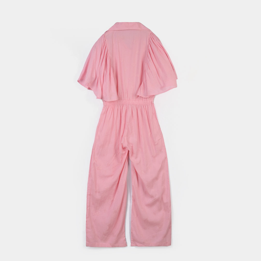 Girls Poly Cotton Jumpsuit Jacquard Hearts-Pink