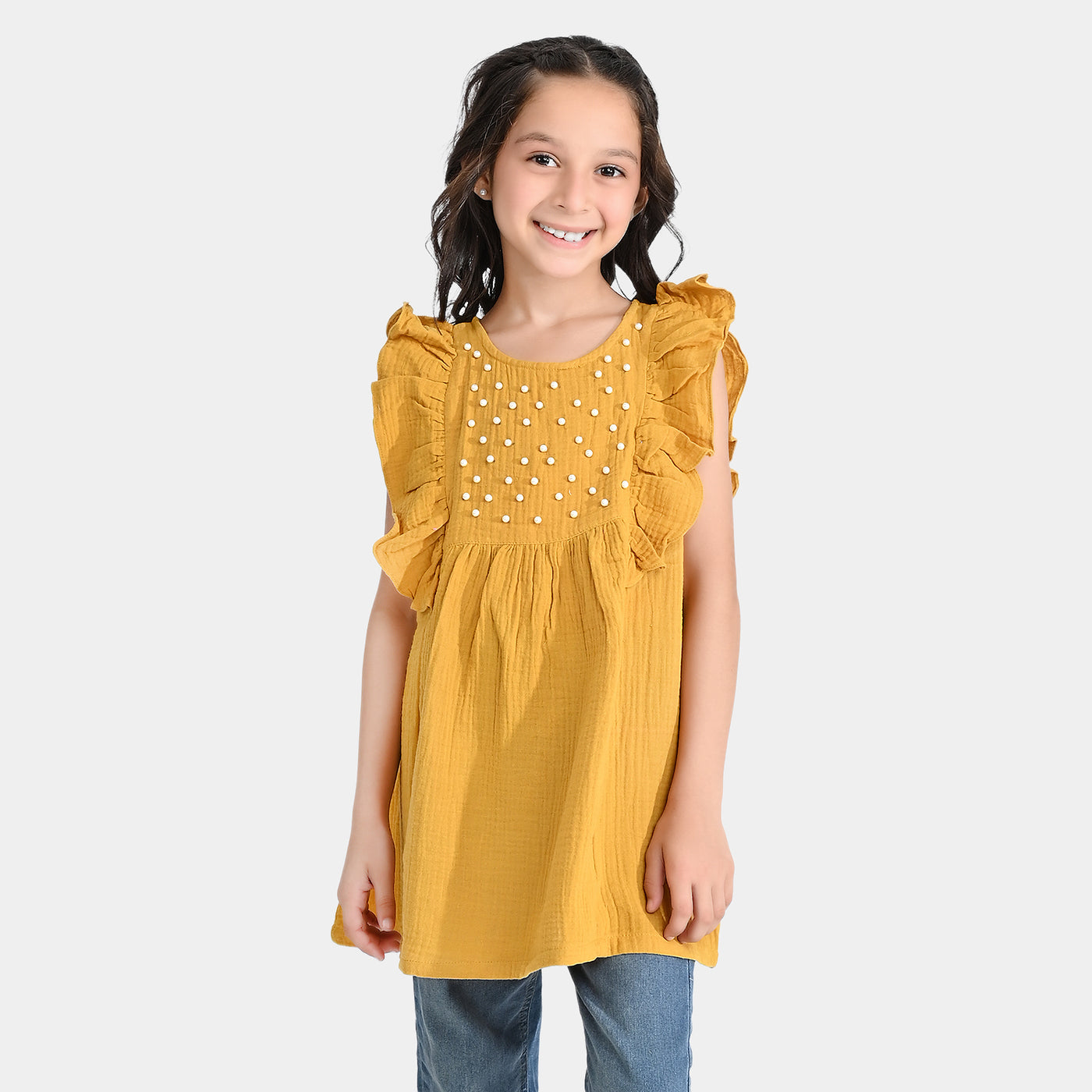 Girls Cotton Casual Frock Yellow Pearls-Mustard