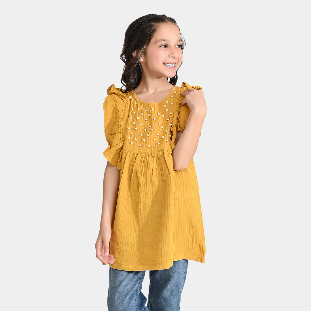 Girls Cotton Casual Frock Yellow Pearls-Mustard