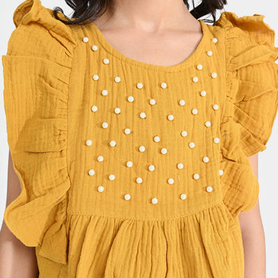 Girls Cotton Casual Frock Yellow Pearls-Mustard