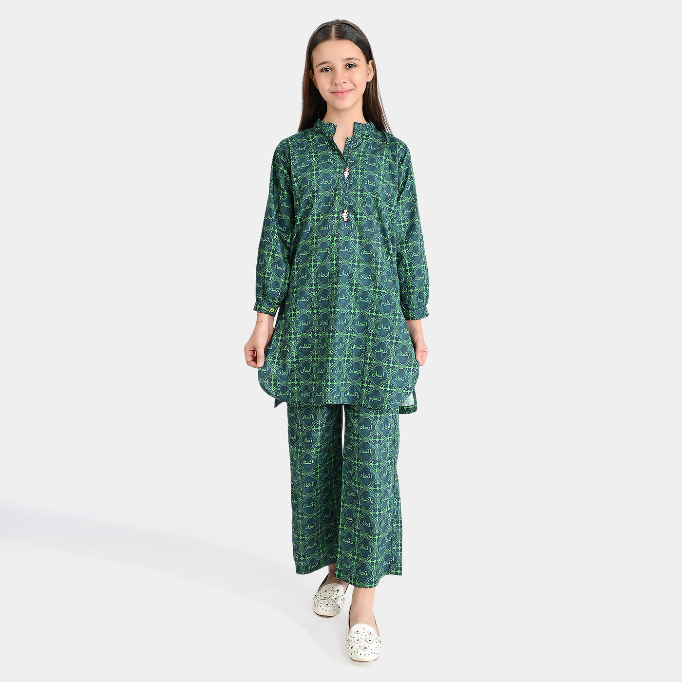 Girls Cotton Poplin IND 2Pcs Suit Pakistan Motto-Green