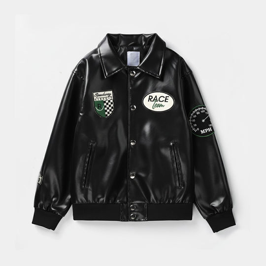 Boys Pu Leather Jacket Race Team - Black