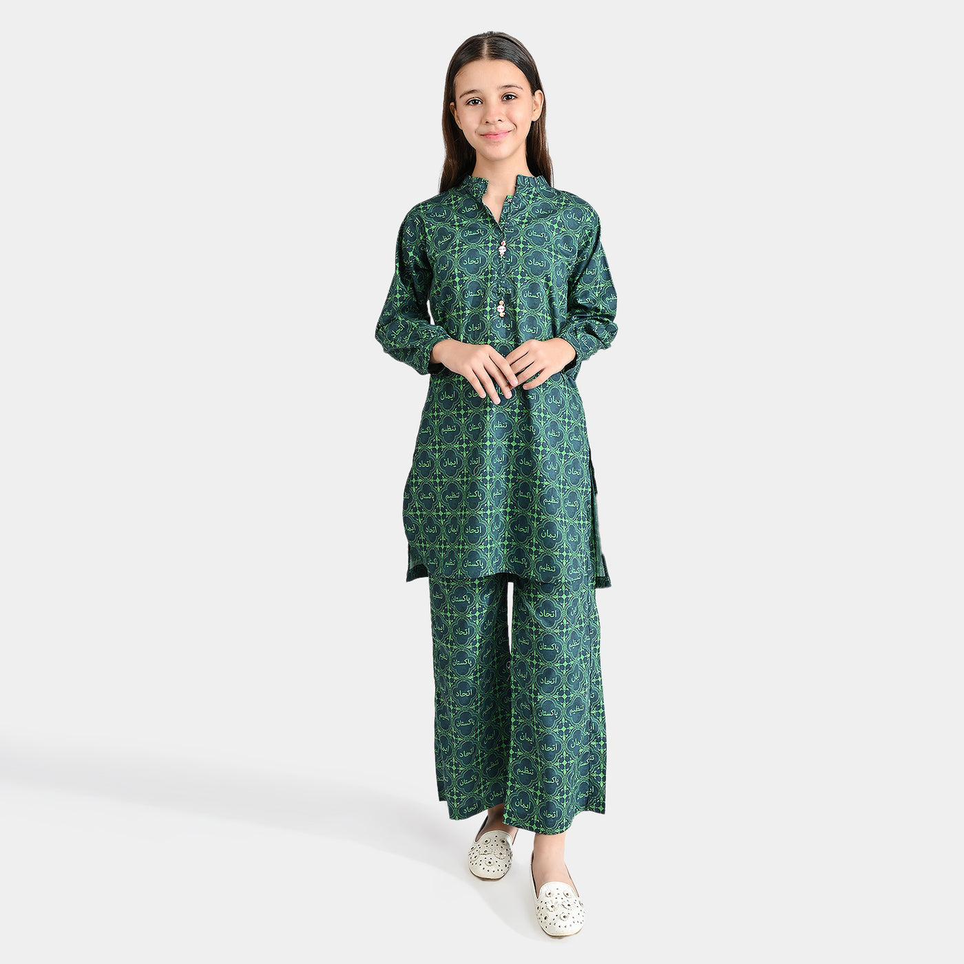 Girls Cotton Poplin IND 2Pcs Suit Pakistan Motto-Green