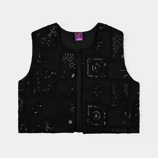 Girls Polyester Waist Coat Moon-BLACK