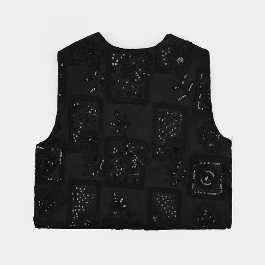 Girls Polyester Waist Coat Moon-BLACK