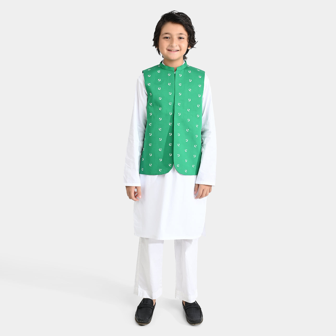 Boys Cotton Poplin 3 Piece Suit (Azam-e-Pakistan)-Green/White
