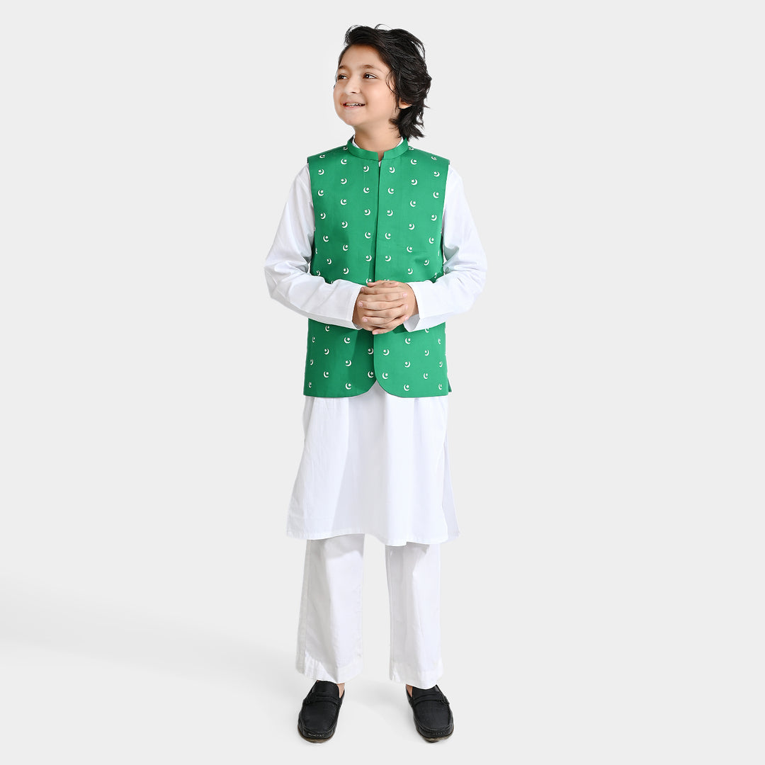 Boys Cotton Poplin 3 Piece Suit (Azam-e-Pakistan)-Green/White