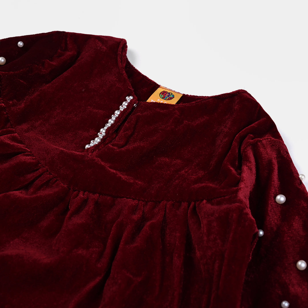 Girls Velvet EMB Top Pearly Glow-MAROON