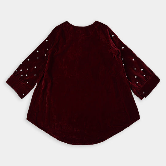 Girls Velvet EMB Top Pearly Glow-MAROON