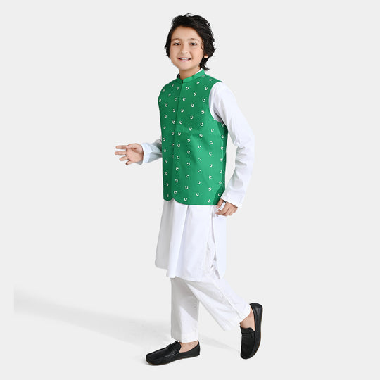 Boys Cotton Poplin 3 Piece Suit (Azam-e-Pakistan)-Green/White