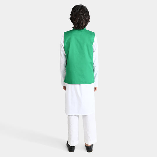 Boys Cotton Poplin 3 Piece Suit (Azam-e-Pakistan)-Green/White