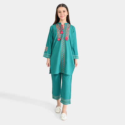 Girls Cotton Slub 2Pc Suit Mehak-E.Green