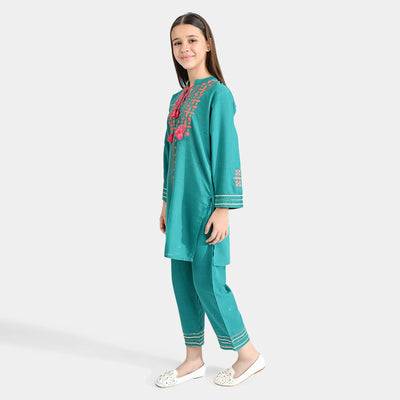 Girls Cotton Slub 2Pc Suit Mehak-E.Green