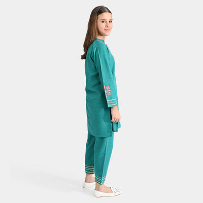 Girls Cotton Slub 2Pc Suit Mehak-E.Green