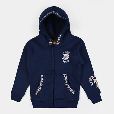 Girls Fleece Knitted Jacket Flower-NAVY
