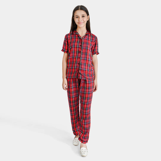 Girls Poly Cotton Woven Night Suit Red Check