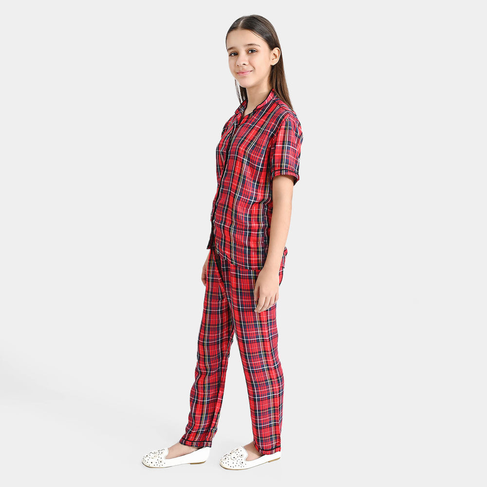 Girls Poly Cotton Woven Night Suit Red Check