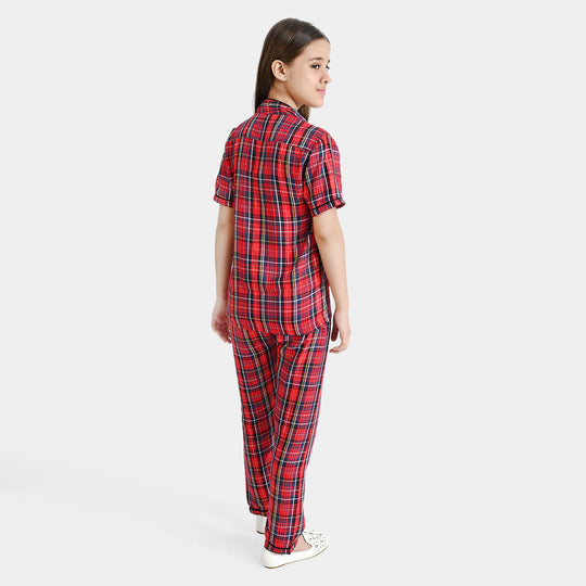 Girls Poly Cotton Woven Night Suit Red Check