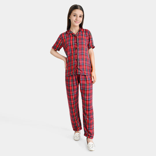 Girls Poly Cotton Woven Night Suit Red Check