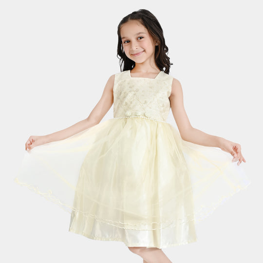 Girls Poly Satin Fancy Frock Little Shine-Cream