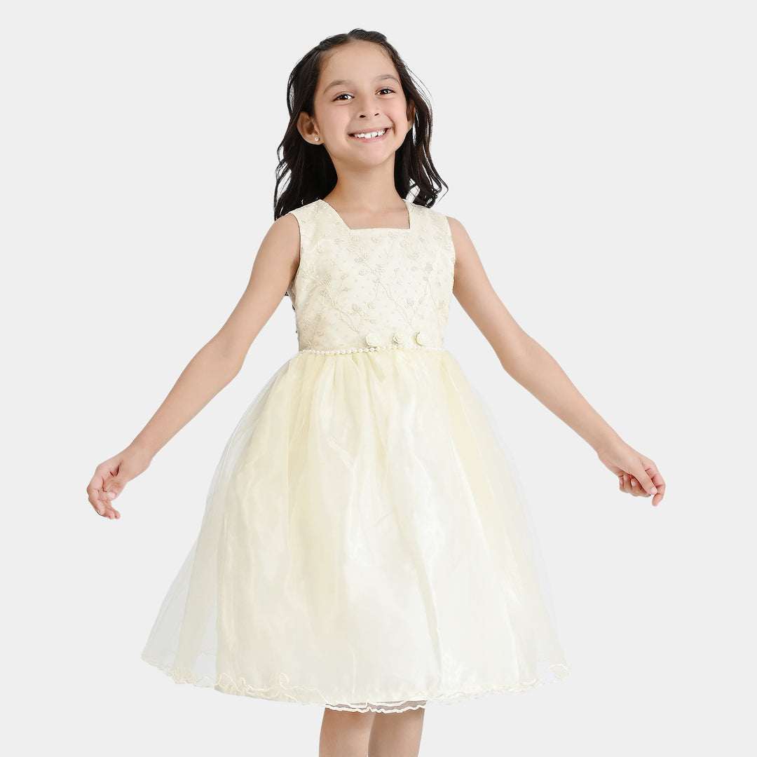 Girls Poly Satin Fancy Frock Little Shine-Cream