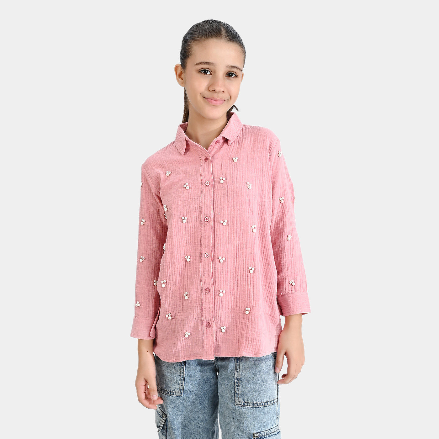 Girls Cotton Emb Top Little Pearls-Pink