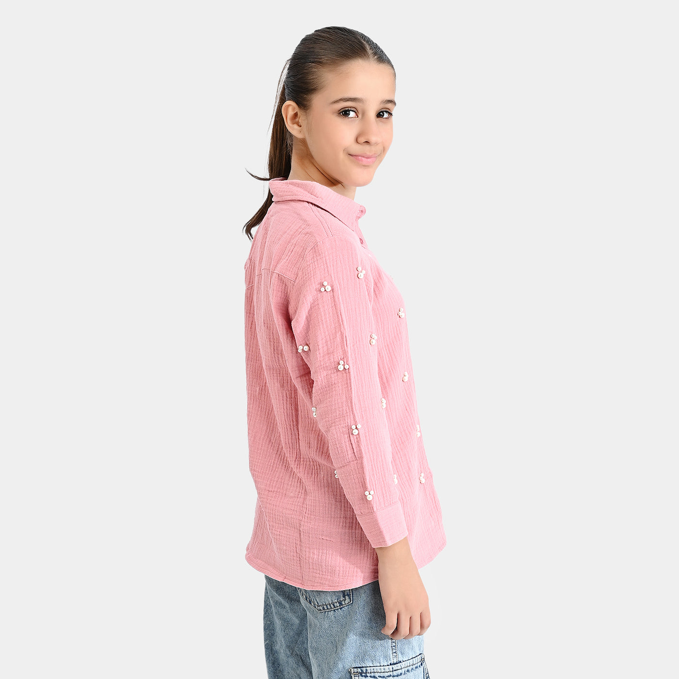 Girls Cotton Emb Top Little Pearls-Pink